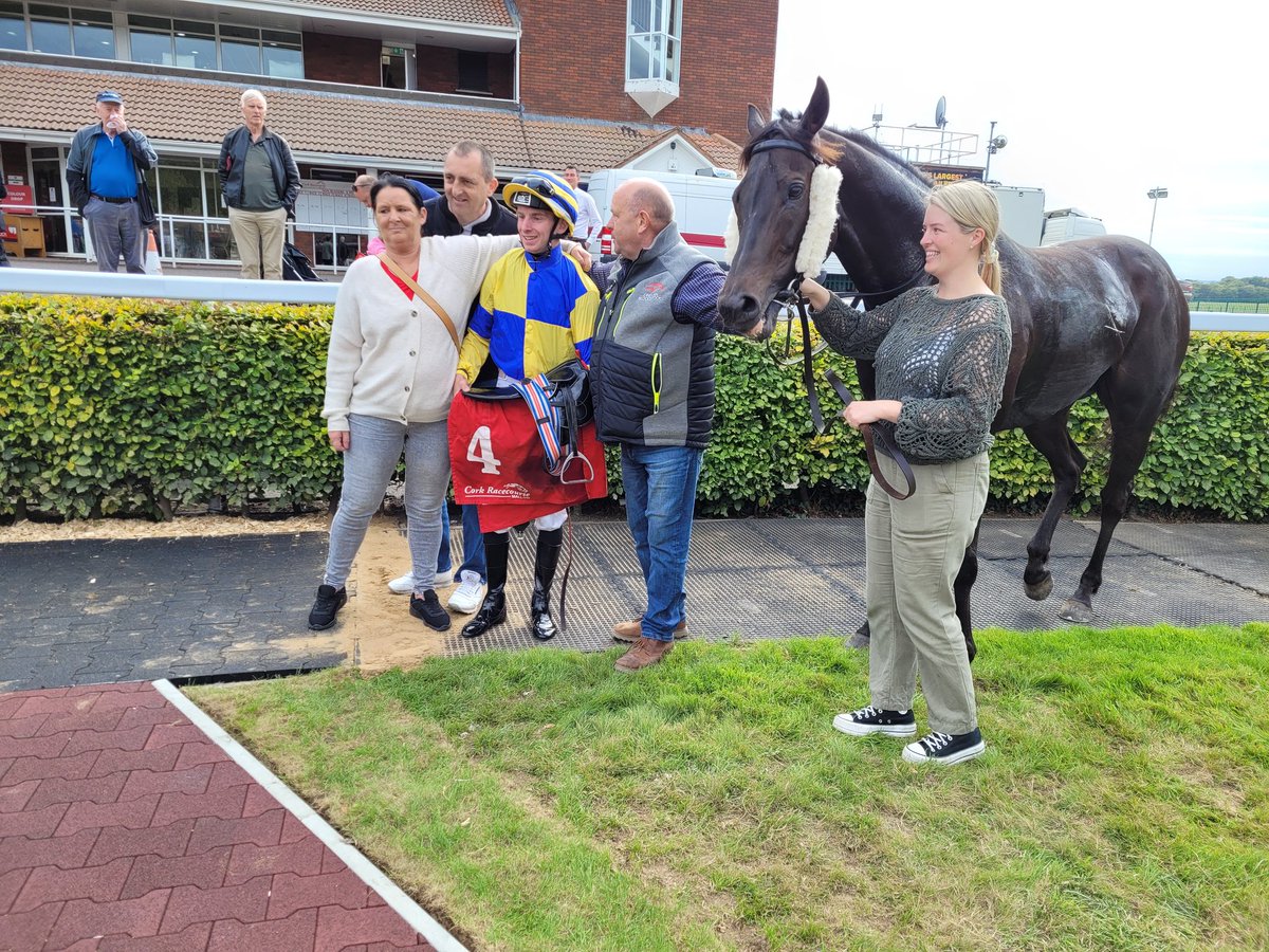 Parents Pat &amp; Geraldine Joyce (both on left) greet son Wesley Joyce following his first winner back from serious injury today, on Trueba <a href="/corkracecourse/">Cork Racecourse</a>