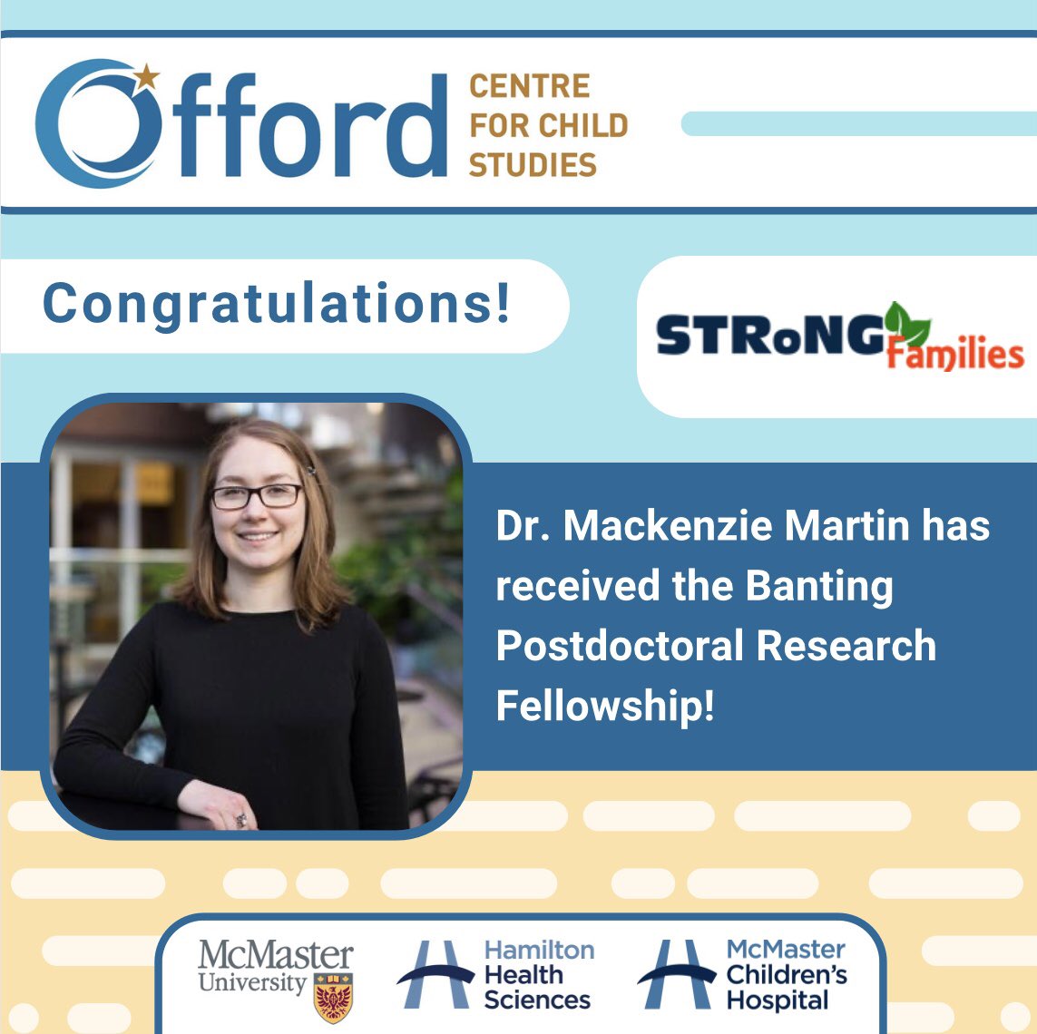 Congrats to Dr. Mackenzie Martin for receiving the Banting Postdoctoral Research Fellowship!🎉

Mackenzie will be working with Dr. Andrea Gonzalez on the project "What Parenting Programs are Delivered in Canada, to Whom, and with What Impact?"

#BantingCanada #postdoc #research