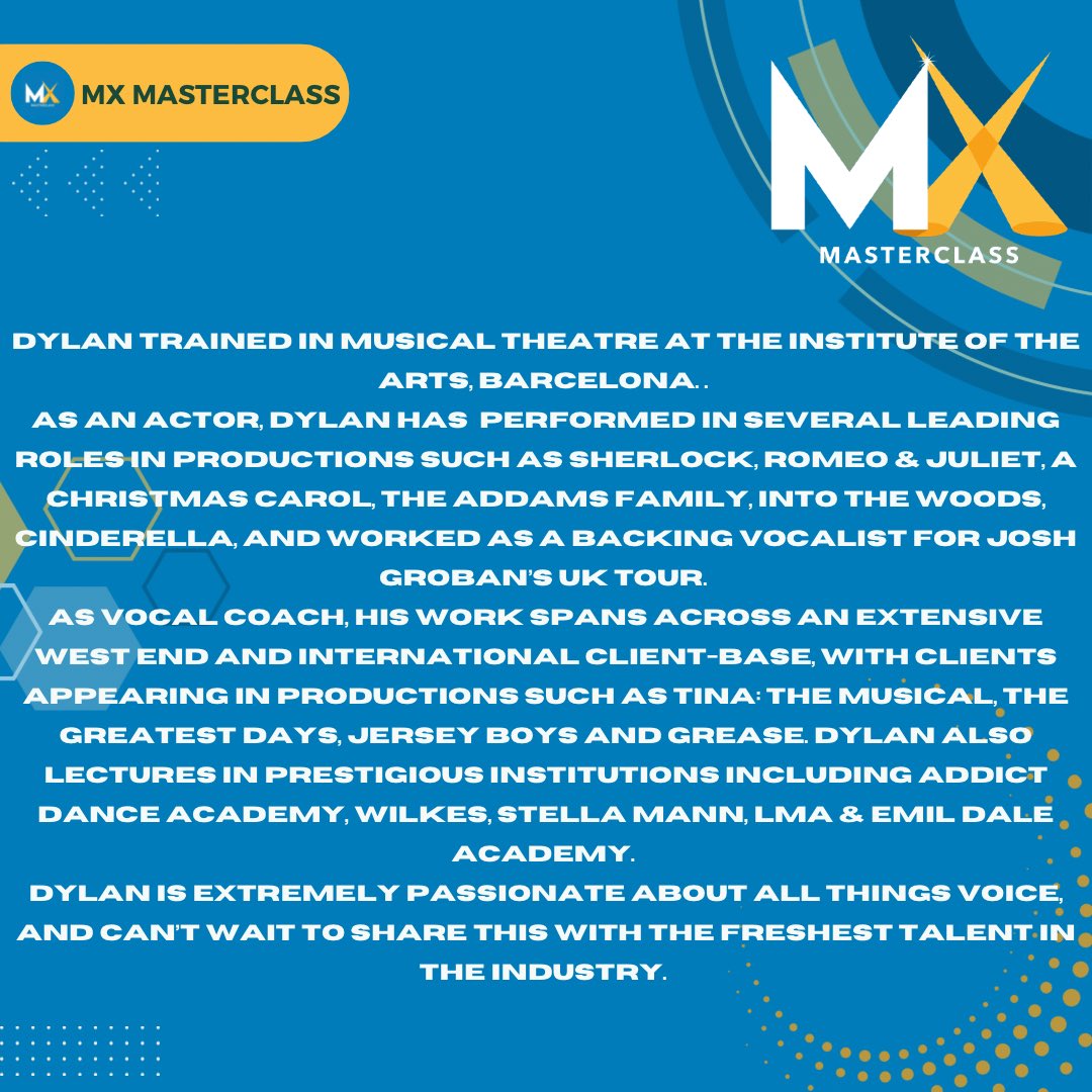MXMasterclass's tweet photo. โก๏ธ Meet our world class Head of Singing, DYLAN JACOBS โก๏ธ He is a seasoned pro, with clients appearing across a multitude of West End and International Productions. ๐ค๐ Join us at https://t.co/bUhJ3LNLtk ๐ #MXM #MXMasterclass #DylanJacobs #Singing #Acting #School #MusicalTheatre https://t.co/bheZlBy5Uh