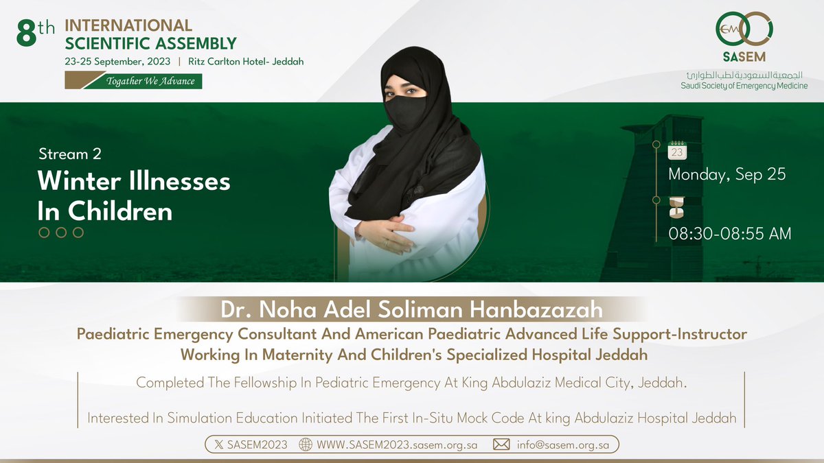 sasem2023's tweet photo. @drasalmalki @SaudiEmergency 🚨🚨

Winter in Pediatrics ER is a real struggle !!

Prepare yourself with Dr. Noha Hanbazazah
 
Presenting: Winter Illnesses in Children 👶🏻 

Registration Link: 
https://t.co/7x7fgl1OAf

🚨🚨 https://t.co/8tCyjSlowO