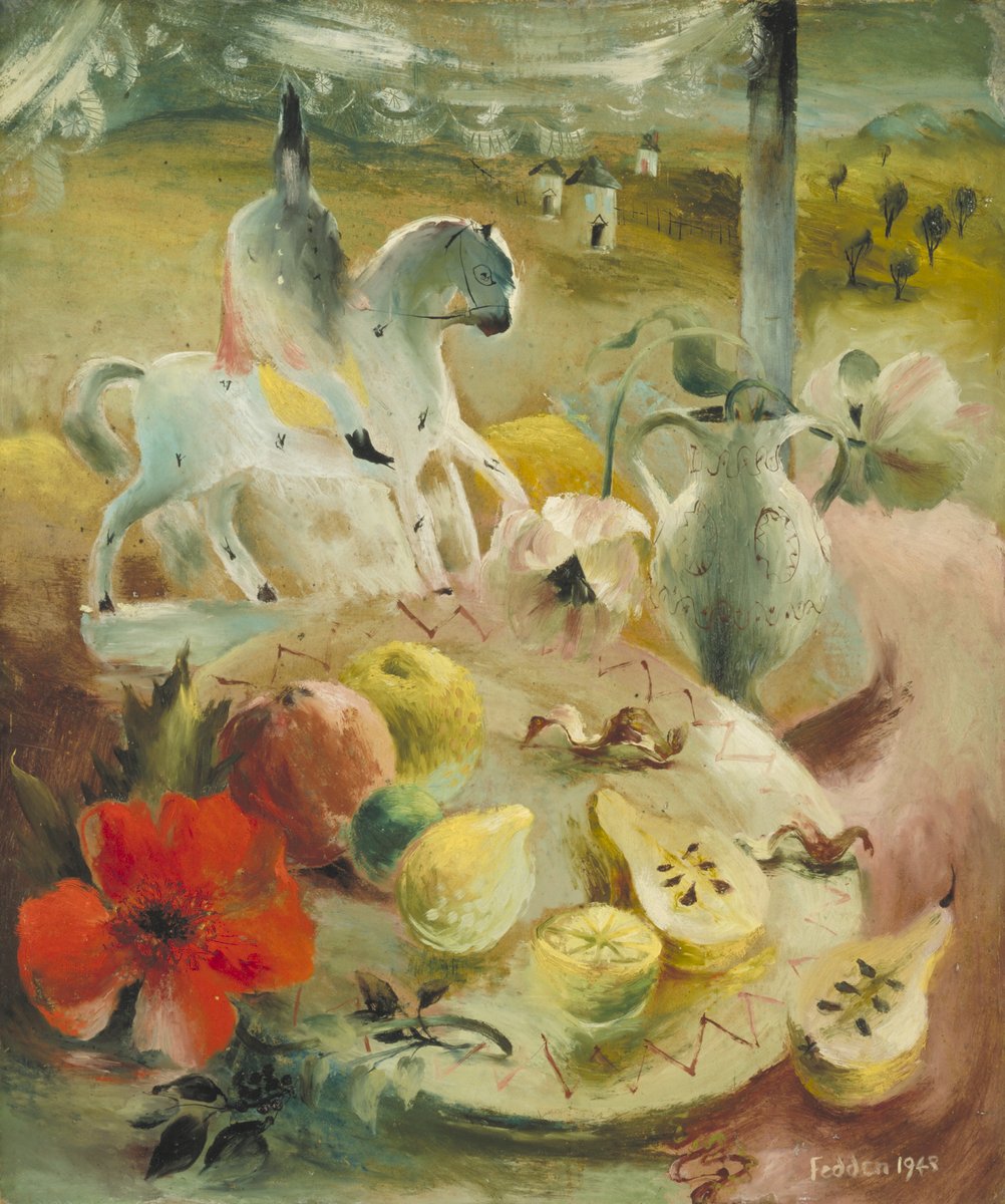 In Mary Fedden's colourful painting 'The Staffordshire Horse', her studio in Chelsea is presented, with her own Staffordshire China horse as the focal point, as well as other visible objects including sliced fruit, pottery, and a single flowerhead. 🌹 🍐 bit.ly/3sy81Do