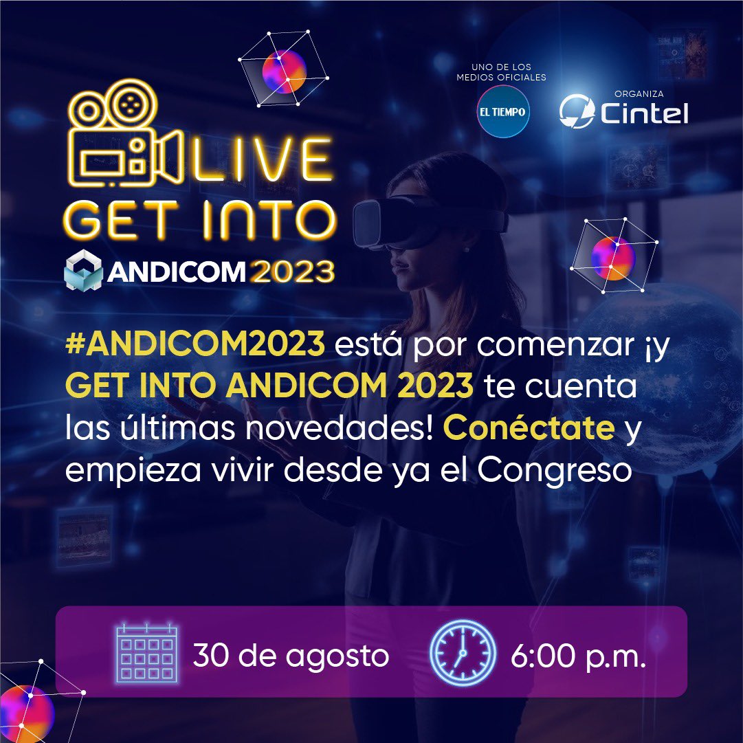 ANDICOM's tweet photo. ¡Haz parte del ultimo Live previo a #ANDICOM2023!
Conéctate el hoy a las 6:00 pm a nuestro GET INTO ANDICOM, donde Manuel Martínez Niño, Director Ejecutivo de @CINTELColombia y Hernán Díaz, Coordinador Académico de @CINTELColombia, conversarán con @JoseCarlosTecno, Editor Multimedia de @ELTIEMPO, sobre los últimos detalles previos al inicio de #ANDICOM2023.
Únete a este espacio, descubre las novedades del Congreso y las sorpresas que tendremos para ti a pocos días del inicio de #ANDICOM2023.
Recuerda que durante la transmisión realizaremos una trivia sobre #ANDICOMPodcast y entregaremos entradas de cortesía a los mejores resultados. Debes estar previamente registrado para participar.
Regístrate aquí: https://t.co/DLWRO60ECI