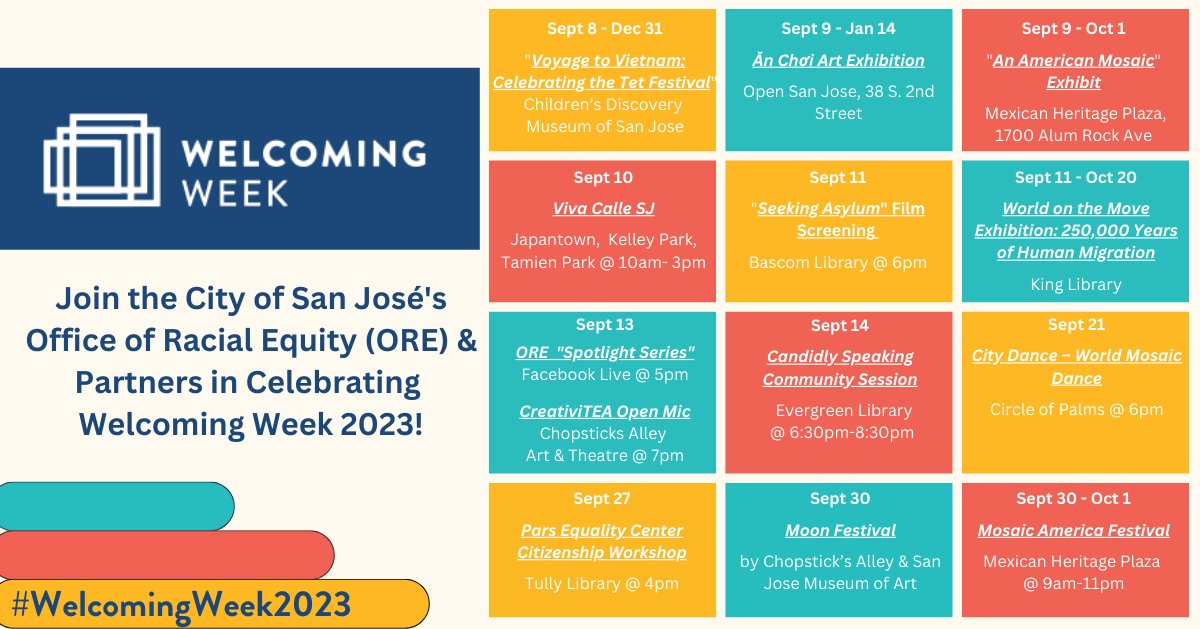 SJRacialEquity (@sjracialequity) on Twitter photo We're so excited that #WelcomingWeek2023 is here!
Don't forget to check out all of the fun and inclusive events being hosted throughout the city by our community partners like <a href="/sanjoselibrary/">San Jose Public Library</a>, <a href="/mosaicamerica/">Mosaic America</a>, <a href="/chopsticksalley/">Chopsticks Alley</a>, <a href="/ParsEquality/">Pars Equality Center</a>, <a href="/VivaCalleSJ/">VivaCalleSJ</a>, <a href="/SchoolatMHP/">SchoolatMHP</a> and more! We're so excited that #WelcomingWeek2023 is here!
Don't forget to check out all of the fun and inclusive events being hosted throughout the city by our community partners like <a href="/sanjoselibrary/">San Jose Public Library</a>, <a href="/mosaicamerica/">Mosaic America</a>, <a href="/chopsticksalley/">Chopsticks Alley</a>, <a href="/ParsEquality/">Pars Equality Center</a>, <a href="/VivaCalleSJ/">VivaCalleSJ</a>, <a href="/SchoolatMHP/">SchoolatMHP</a> and more!