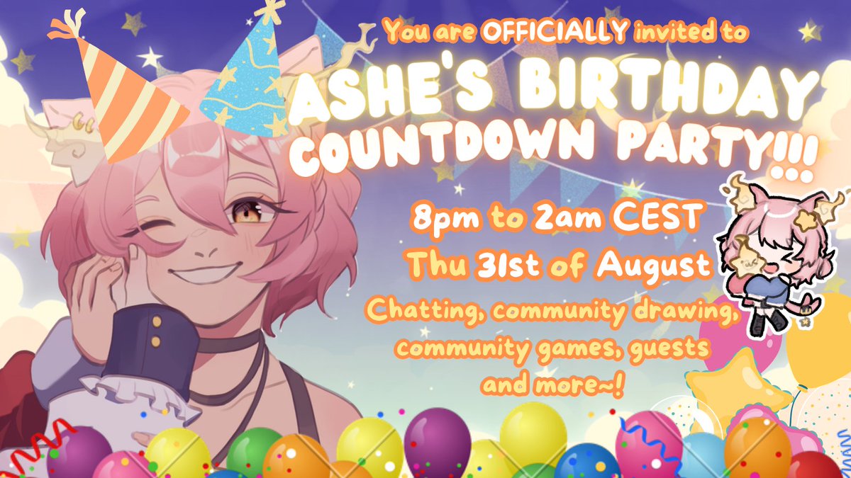 🎊BIRTHDAY CELEBRATION!!! 🎉

On September 1st, I turn 20~! ✨🎉 And I'll be counting down to this special day live on stream~! Wanna join in on the fun? Come say hi tomorrow from 8pm CEST to 2am CEST!! ⭐✨

#VTuber #VtubersUprising #ENVTuber #VTUBERSUPPORTCHAIN