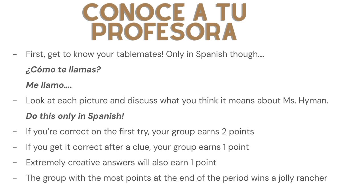 profehyman's tweet photo. Looking forward to having students working together and in the target language from day 1. Love this idea from Christina Pina and excited to have students come up with their own to share out with the class. #langchat https://t.co/LFexqYEQrq