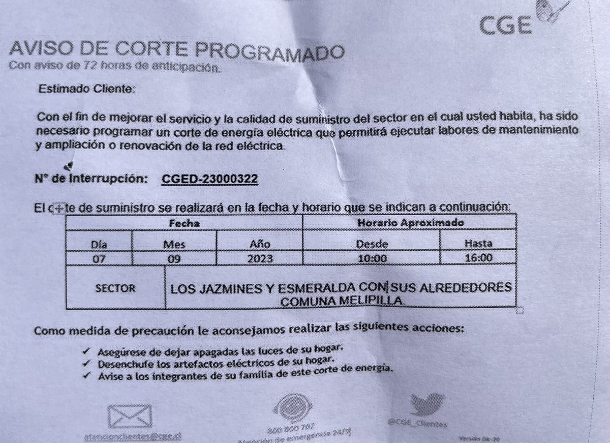 portaldemeli's tweet image. 💡⚡️🪫#AHORA: @CGE_Clientes informa que para mejorar la calidad del suministro de sus clientes de Los Jazmines, Esmeralda y alrededores, #Melipilla, el  próximo #7septiembre, entre las 10:00 y 16:00 horas, se realizará una #InterrupciónProgramada👇#30Agos 🔌