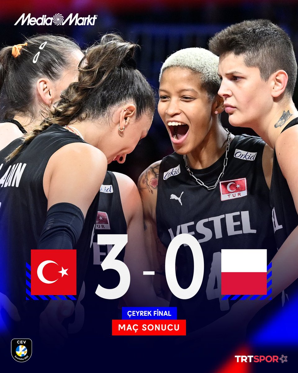 🇹🇷 YARI FİNALDEYİİİZZZZ!

🏐 Filenin Sultanları, CEV Avrupa Voleybol Şampiyonası çeyrek finalinde Polonya'yı 3-0 yendi ve üst üste 5. kez adını son 4 takım arasına yazdırdı!

🆚 25-23, 25-22 ve 25-19