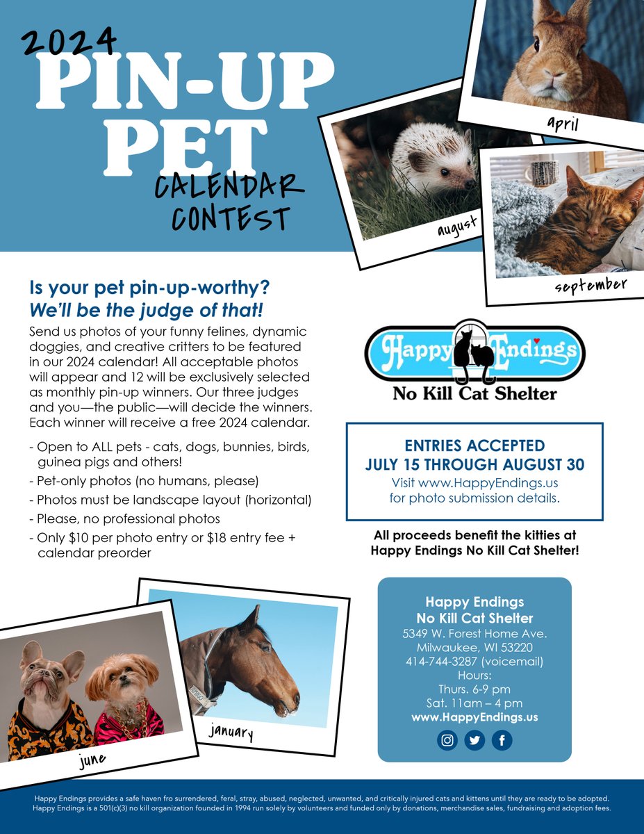 HappyEndingsWI's tweet photo. DEADELINE EXTENDED to the end of the week - SEPTEMBER 2ND!! Don't wait get your pictures in now. ALL PETS WELCOME!   Entries are $10/ea and if you bundle it with a calendar pre-order you save $5! Go to our website to enter (scroll down).
https://t.co/DupHD1BhJ7 https://t.co/sjQ8Qta2P7