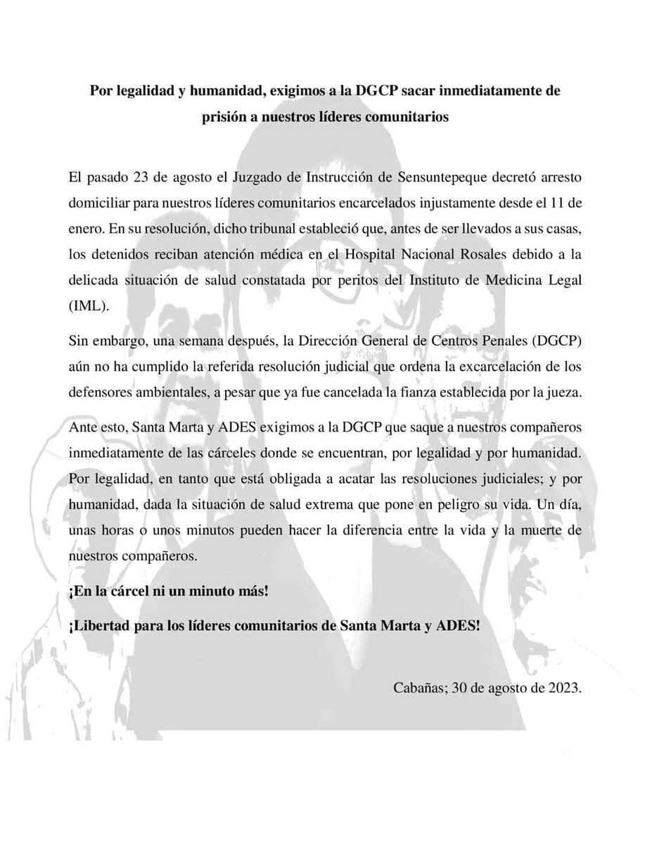 #SantaMartaLibre
Ya venció el plazo para que los líderes comunitarios de Santa Marta y ADES salgan de prisíón y vayan al Hospital Rosales. La Dirección General de Centros Penales debe cumplir la orden del Juzgado de Instrucción de Sensuntepeque.
<a href="/PDDHElSalvador/">PDDH El Salvador</a> 
<a href="/ONU_es/">Naciones Unidas</a>