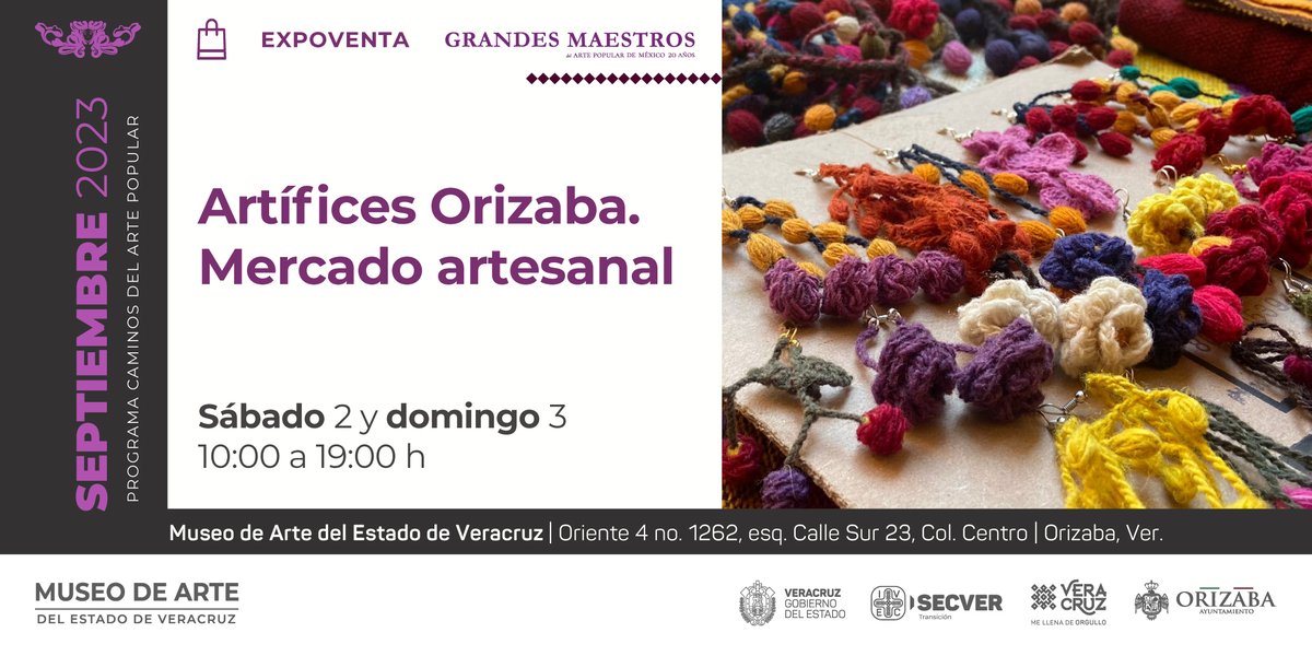 MAEVorizaba's tweet photo. El #MAEV invita a la expoventa "Artífices. Mercado Artesanal", un espacio con lo mejor de la artesanía de #Veracruz en la región de las Altas Montañas.
¡Visítanos!
🗓️ Sábado 2 y domingo 3 de septiembre
🕛 10:00 a 19:00 h
📍 Museo de Arte del Estado de Veracruz
🎟️Entrada libre. https://t.co/UAhg3wkZ4U