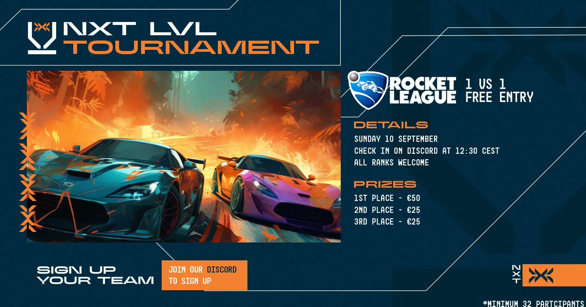 🚀 Are you and your friends ready for some #RocketLeague action?
💪 Prove your worth to claim the ultimate prize!

📅 10 september @ 13:00
💰 €100
🎮 1v1

📝 Sign up through our discord: discord.gg/TSXjYn4xVQ #GONXT