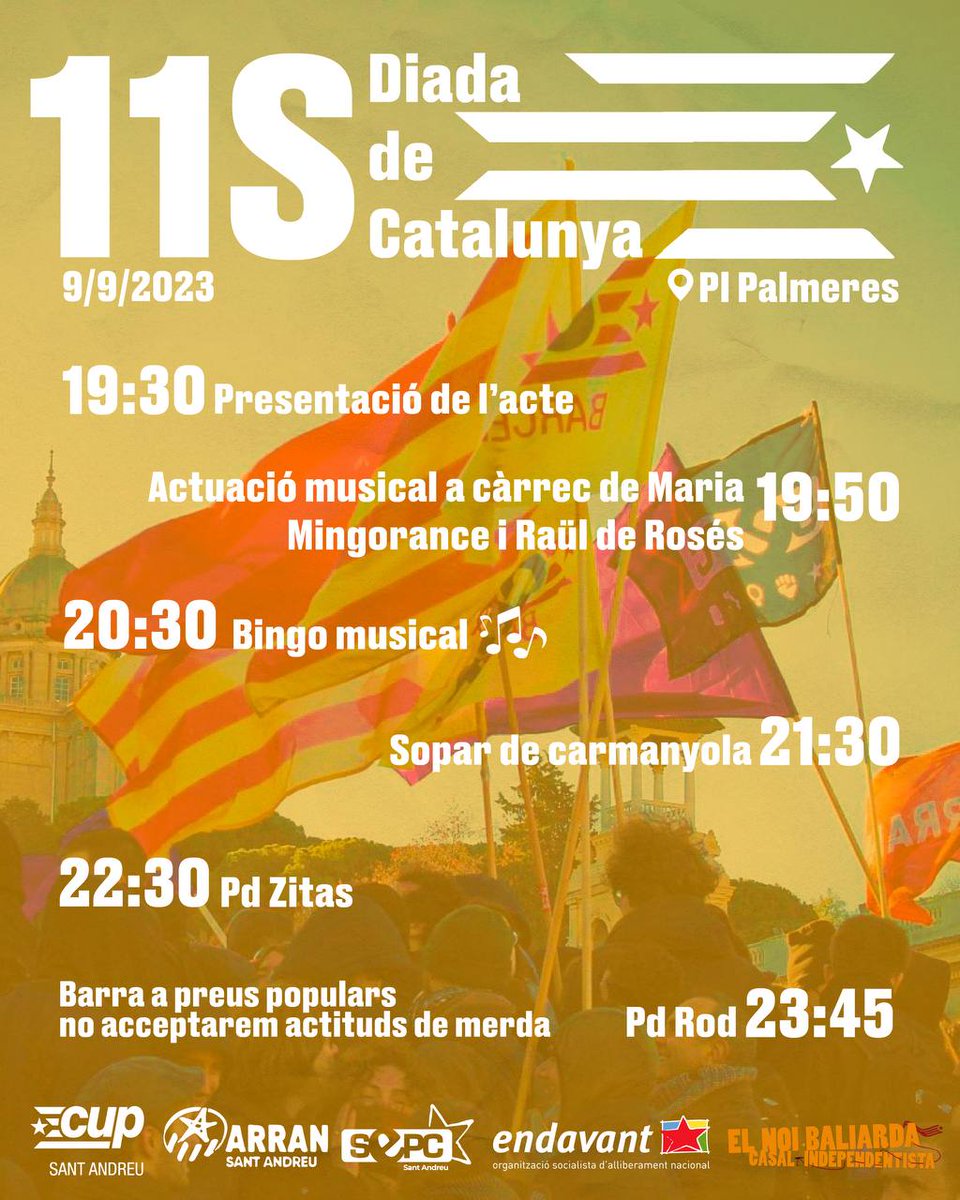 ei_standreu's tweet photo. 🔴 Fins a vèncer.
Unitat Popular, organització i lluita.

📢El #9S l'Esquerra Independentista de Sant Andreu organitza un any més un acte a Pl. Palmeres. Aquest #11S2023 per uns Països Catalans lliures, socialistes i feministes. 

Us ho perdreu? ✊🏽🔥 https://t.co/KIioVOUgJh