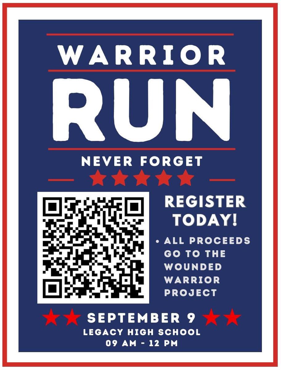 The Legacy Key Club is hosting a Warrior Run on the morning of Saturday, September 9th, where we can take part in remembering those we lost on 9/11 by running/walking the equivalent length of the flights of stairs in the twin towers (about 2.5 miles) around Legacy High School.