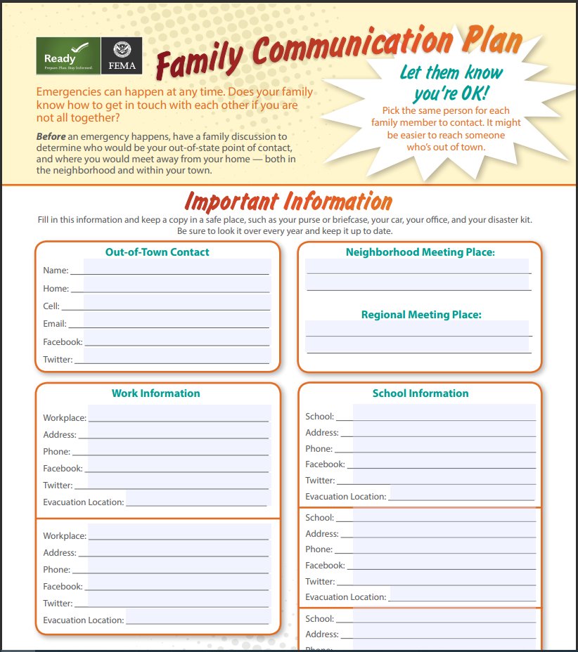 Do you have a family communications plan? When you're trying to evacuate, you don't have time to answer 23 calls. Designate a friend in a different region who you'll contact when it's safe to do so and that person can share updates with others.
