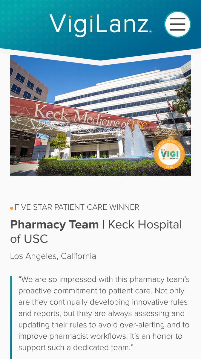 Looking for #FiveStarHealthcare? Look no further. Congratulations to @KeckMedUSC #pharmacy on not one, but two Vigi awards. Full story: vigilanz.com/vigi-awards-20… #FightOn @USC #limitless #pharmacist