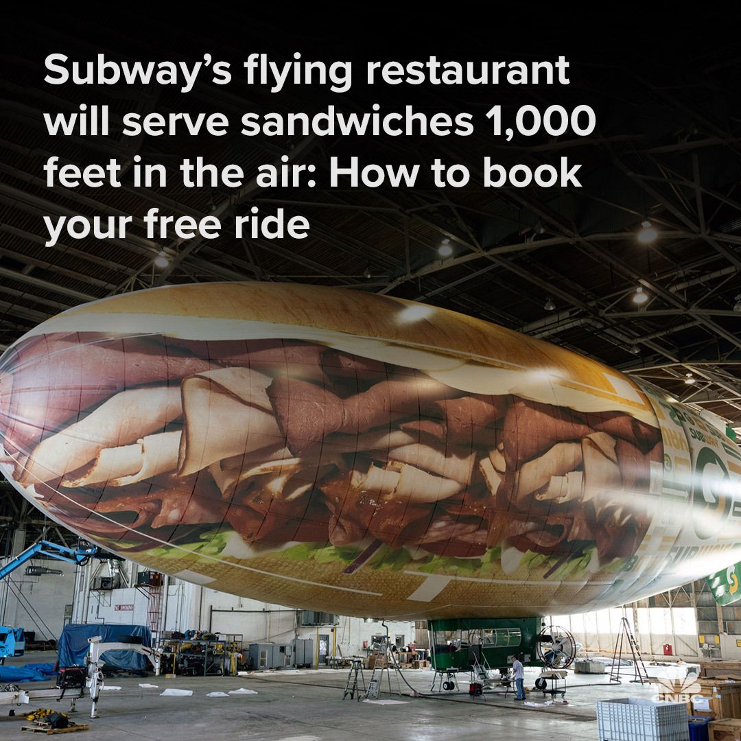 CNBC's tweet photo. Subway's blimp will be taking passengers up in the following 3 cities:
-Sept. 5-7: Kansas City, Missouri
-Sept. 19-20: Orlando, Florida
-Sept 24 and 26: Miami area

Read more here: https://t.co/0kU5cB6cv3 https://t.co/2WavaFUTSs