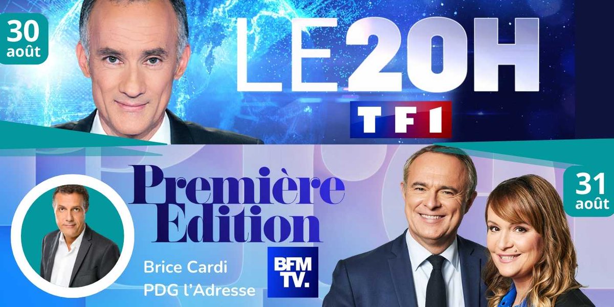 📺 [L'Adresse fait sa rentrée dans les médias] Rendez-vous dès ce soir à 20h avec le #JT de <a href="/TF1/">TF1</a> pour un sujet au coeur de l'#actualitéimmobilière 
📆 Et dès demain matin à 8h20, retrouvez <a href="/BriceCardi/">Brice Cardi</a>, PDG du #réseaulAdresse, dans une interview sur <a href="/BFMTV/">BFM</a>. 
#Ladresse #Immobilier
