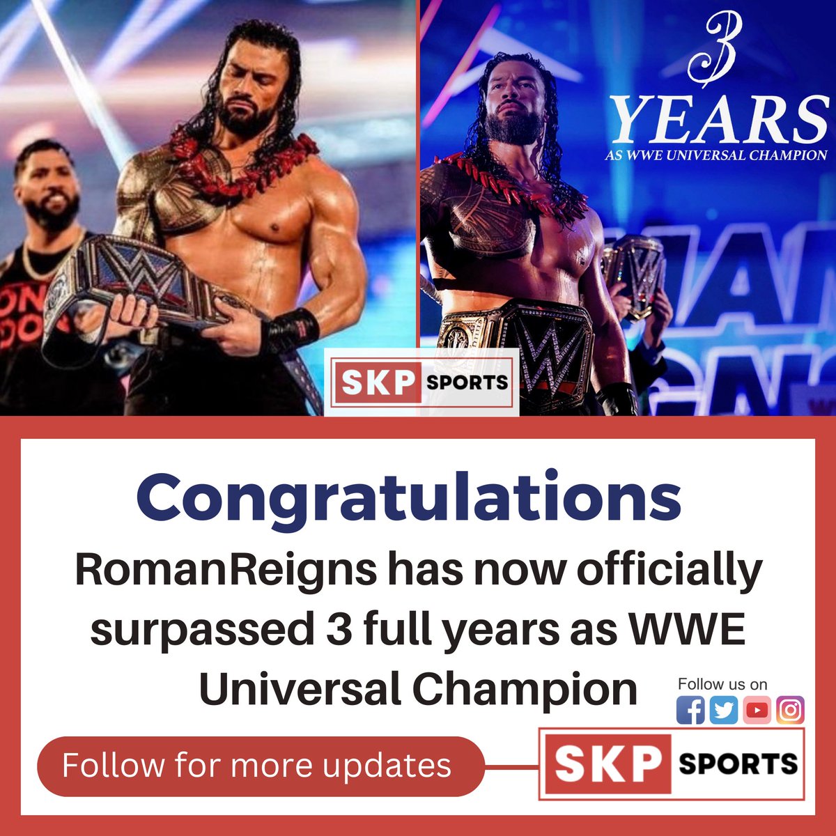 SkpMinutes's tweet photo. Roman Reigns has now officially surpassed 3 full years as WWE Universal Champion
#wwe #RomanReigns #romanreignsfan #sethrollins #romanregins #nxt #wweraw #wwerollins #wwesmackdown #johncenawwe #wwerawlive #johncenafans #johncenachallenge #rko https://t.co/qIw0UyxWo1
