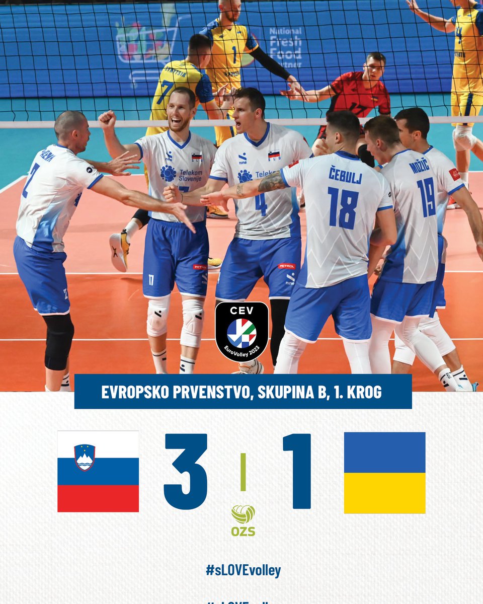 <a href="/TelekomSlo/">Telekom Slovenije</a> 💙💚 Odličen začetek evropskega prvenstva! Slovenski odbojkarji so v Varni ugnali Ukrajince! 💚💙

🇸🇮 - 🇺🇦 3:1 (-23, 22, 20, 20)

#sLOVEvolley 🇸🇮🏐💪
#Volleyball #EuroVolleyM
@TelekomSLO