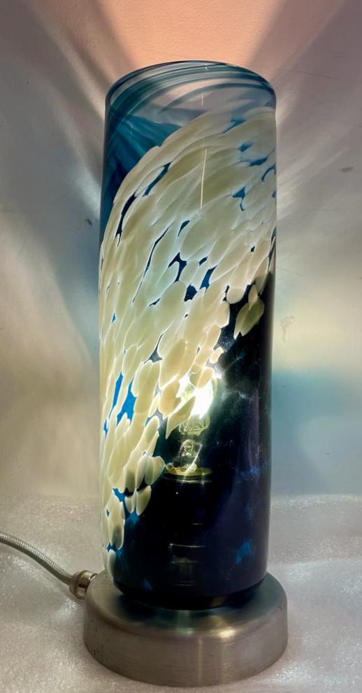 RoastDesigns's tweet photo. Fancy our first cylindrical table light??  This is 32cms from top to toe. The glass cylinder is 10.5cms wide and the base 12cms wide. As an ex-display it’s for sale at a discount and message us for all the details #tablelight
#tablelamp 
#blownglasstablelamp 
#uniquelighting https://t.co/JUVQqUQMgw