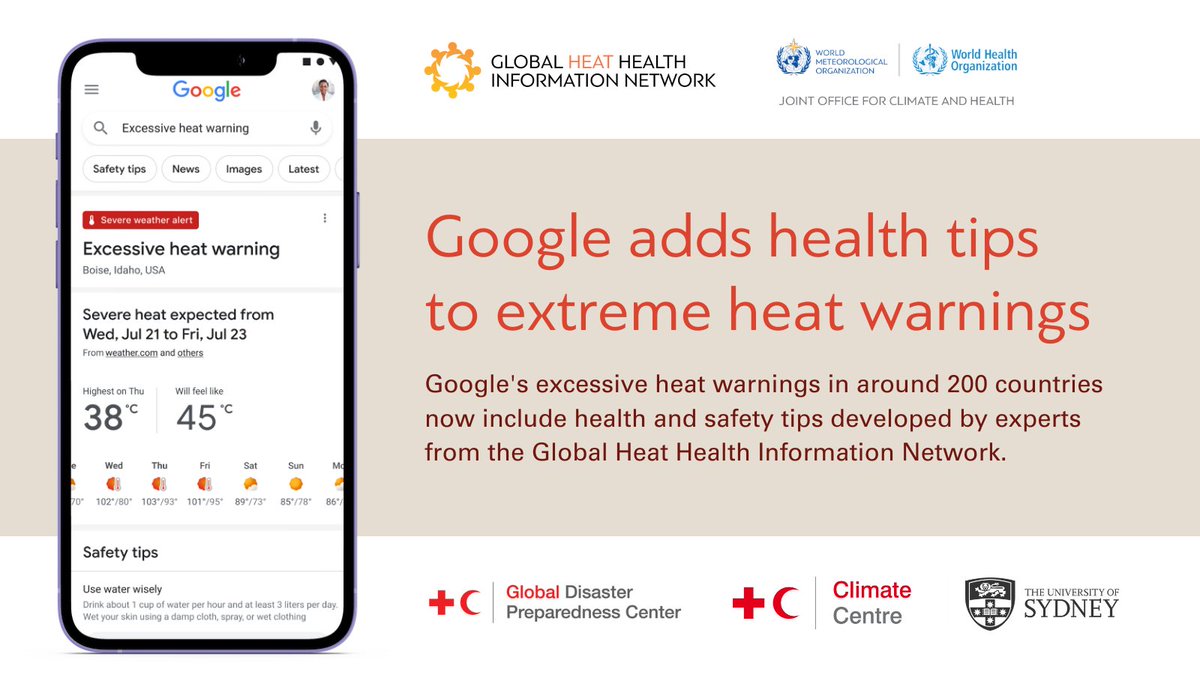 heathealth_info's tweet image. 🆕 We've partnered with @google to bring important #heathealth information to millions around the world! 

Now, for users in around 200 countries, Google's #heat warnings will also display tips for staying cool and healthy.

Learn more:
ghhin.org/news/google-ad…