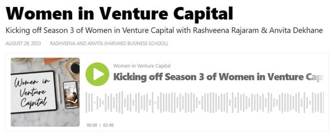 Kicking off Season 3 of our Women in VC show - to sharing stories of amazing lineup of women! podcasts.apple.com/us/podcast/wom…

In this first short convo, <a href="/RRashveena/">Rashveena Rajaram</a> &amp; <a href="/AnvitaDekhane/">Anvita Dekhane</a> reflect on state of the industry &amp; celebrate achievements of their guests! #womeninvestors
