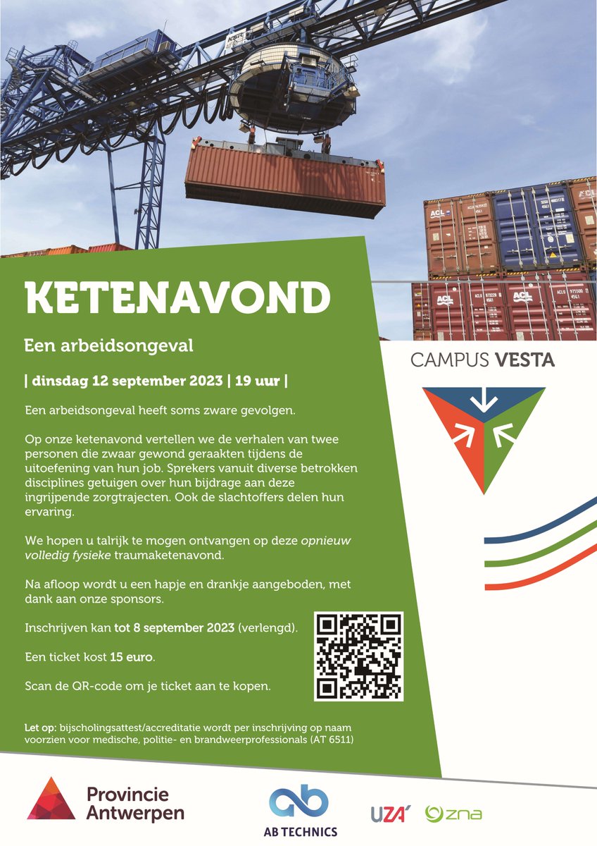 Laatste week om in te schrijven voor onze ketenavond op 12 september @CampusVesta Slachtoffers van twee arbeidsongevallen en hun hulpverleners vertellen hun verhaal. Inschrijven kan via QR-code of link ketenavond.eventgoose.com