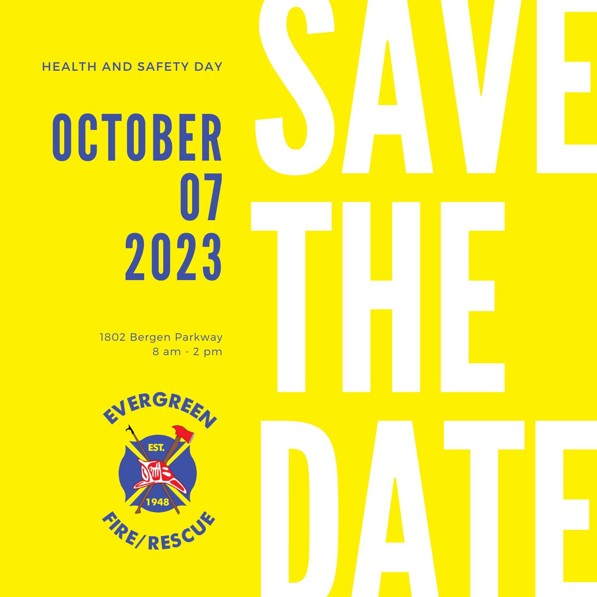 Save the Date! This year's FREE Health &amp; Safety Day is 10/7 from 0800-1400hrs at our Station 2 campus (1802 Bergen Parkway). #Pancake breakfast, food truck, #firefighter demos, hands-only #CPR instruction, #bicycle skills rodeo, touch-a-truck, and booths. All are welcome!