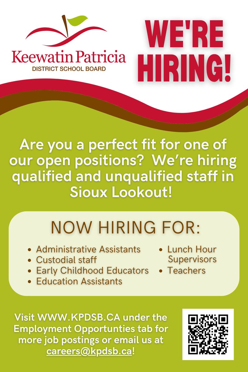 Are you a perfect fit for one of our open positions?  We’re hiring qualified and unqualified staff in the Sioux Lookout area! There are so many reasons you are going to love working at the KPDSB!  Follow this link for more job postings - lovewhereyouteach.ca/support#jobs #KPDSBPride