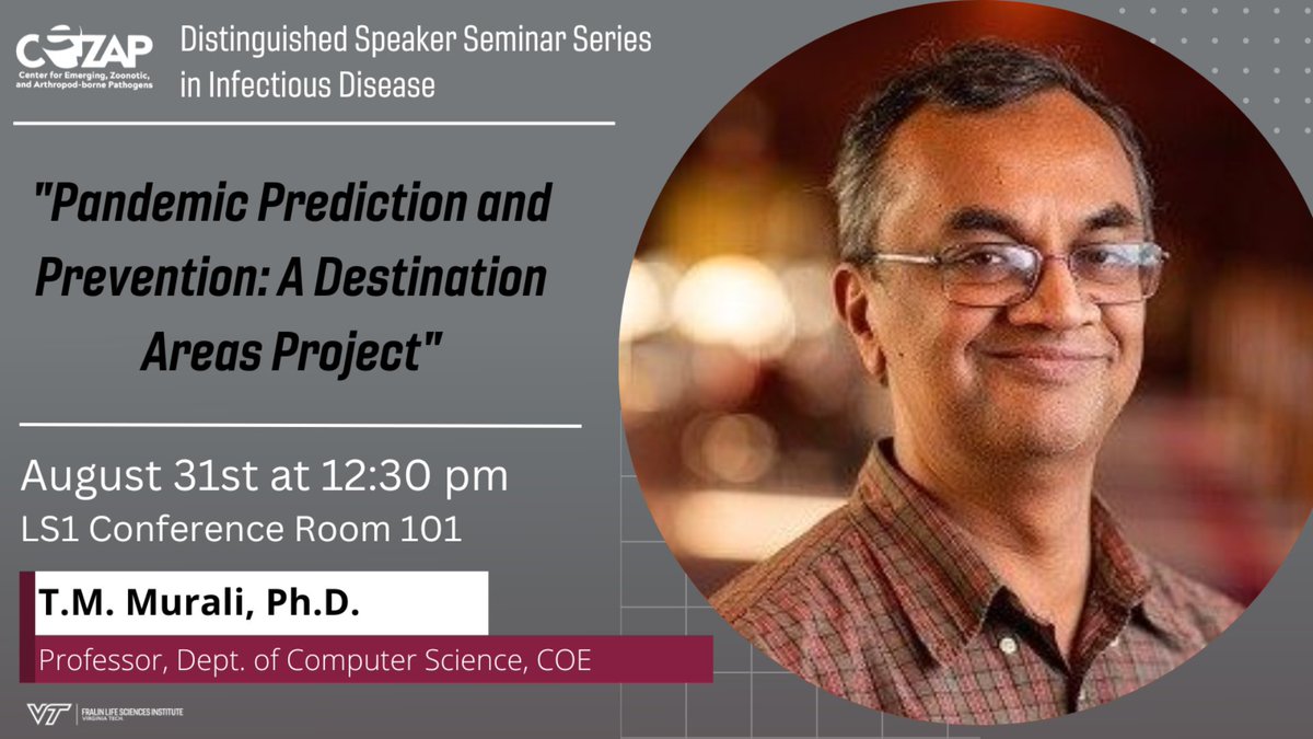 Learn more about <a href="/virginia_tech/">Virginia Tech</a>'s  pandemic prediction and prevention Destination Areas project with <a href="/t_m_murali/">T. M. Murali</a> at the <a href="/VTCeZAP/">Virginia Tech CeZAP</a> Distinguished Speaker Seminar Series in #InfectiousDiseases