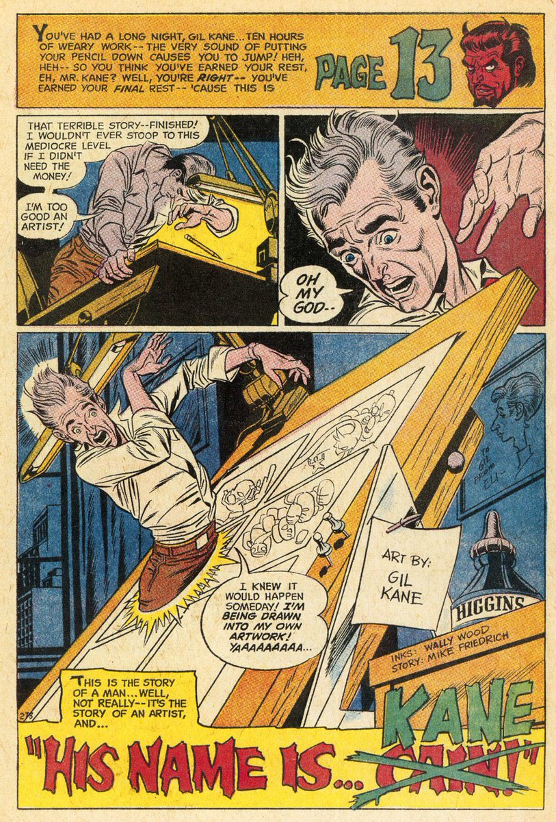 There’s a long tradition of comic book creators appearing as themselves in the stories. For example, artist Gil Kane (with a *very* honest confession in the first panel). Would anybody know the comic title/issue # for this?