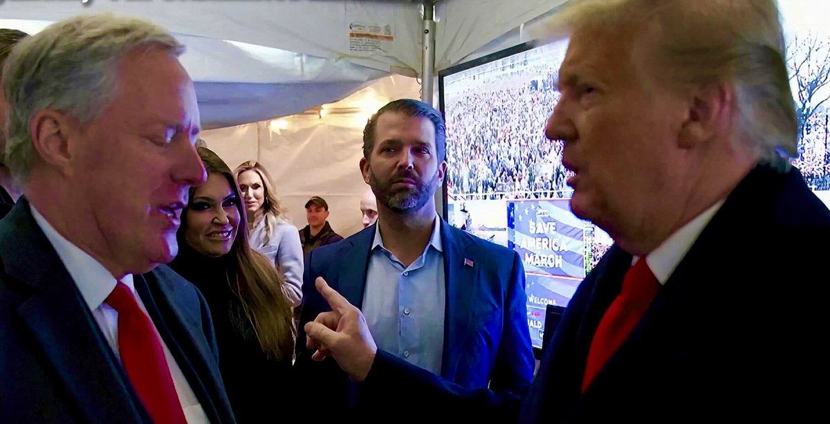 Michael Beschloss (@beschlossdc) on Twitter photo Just for history (courtesy of House January 6 Committee), Meadows and Trump and family shown backstage on Ellipse just before Trump exhorted crowd to march to U.S. Capitol, January 6, 2021: Just for history (courtesy of House January 6 Committee), Meadows and Trump and family shown backstage on Ellipse just before Trump exhorted crowd to march to U.S. Capitol, January 6, 2021: