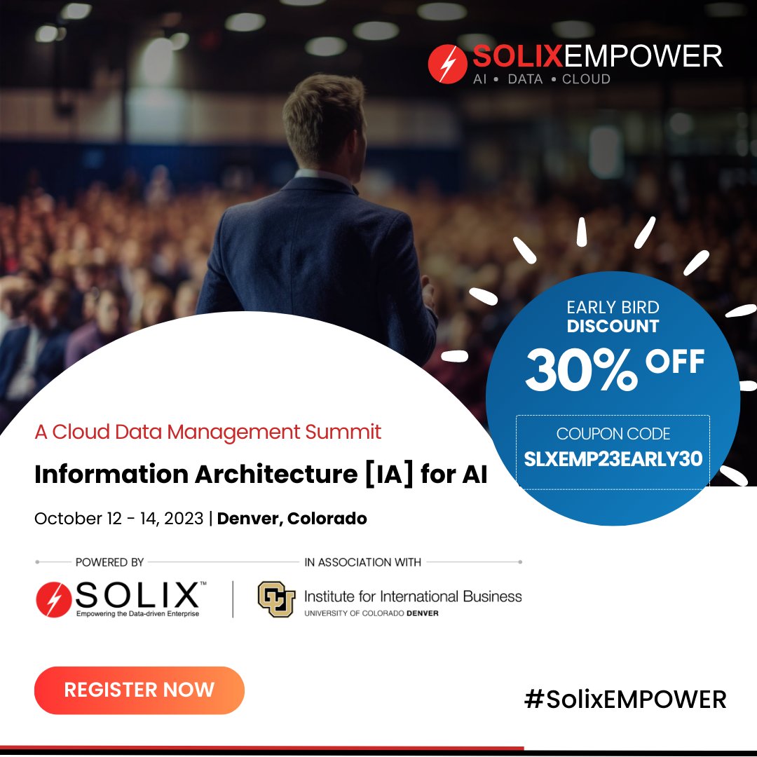 solixbigdata's tweet photo. Save 30% off Solix EMPOWER Denver 2013 registration fees with code SLXEMP23EARLY30 at checkout. This offer expires on September 15th: ๐ https://t.co/tNRNI9sbmY
#SolixEMPOWERDenver #TechEvent2023 ๐ https://t.co/FeSVbyIm9x