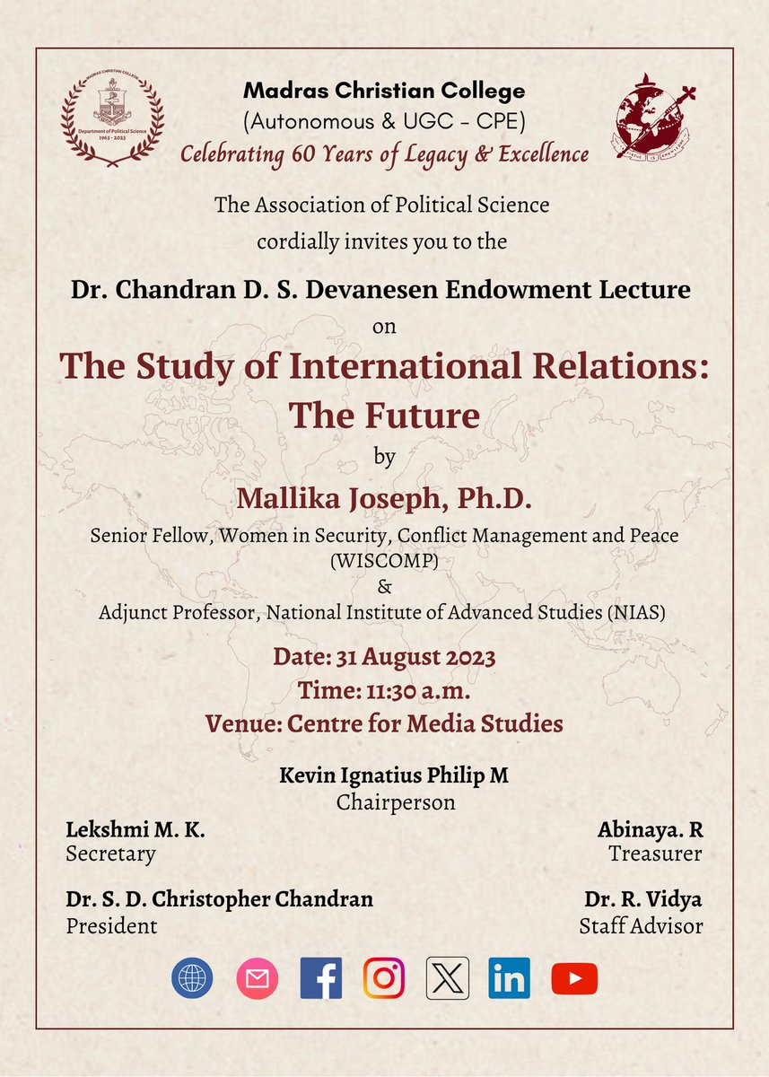 mccapolsc's tweet photo. 🎙️ Endowment Lecture Alert! 🌏✨

Join us for the Dr. Chandran D. S. Devanesen Endowment Lecture 🎤 featuring our alumna, Dr. Mallika Joseph (@MallikaJoseph). 📚🎓 She's diving into the captivating realm of International Relations and its future horizons.

👩‍🎨 : @SreejaJS02 https://t.co/QQibArjSIE