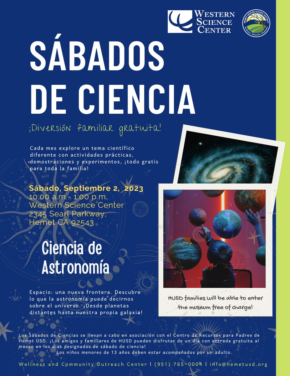 Hemet USD Wellness and Community Outreach Center (@husdparents) on Twitter photo SCIENCE SATURDAY! <a href="/WesternCenter/">Western Science Center</a>. 9/2, 10AM-1PM.
Temecula Valley Astronomers will be here with solar telescopes! SCIENCE SATURDAY! <a href="/WesternCenter/">Western Science Center</a>. 9/2, 10AM-1PM.
Temecula Valley Astronomers will be here with solar telescopes!