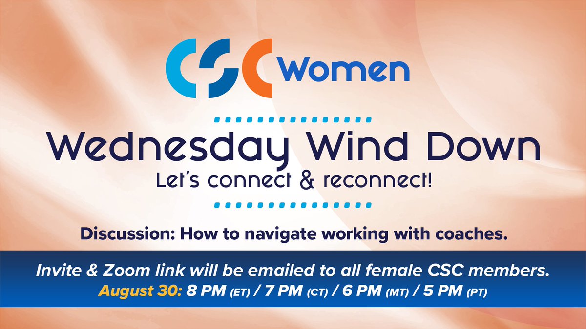 Looking forward to having @MarleneNavor and other veteran CSC members join tonight's (8 pm ET) @CSCWomen Wednesday Wind Down Zoom call, speaking about working effectively with coaches as a female athletic comms pro. The link has been emailed to all CSC members - plan to join in!