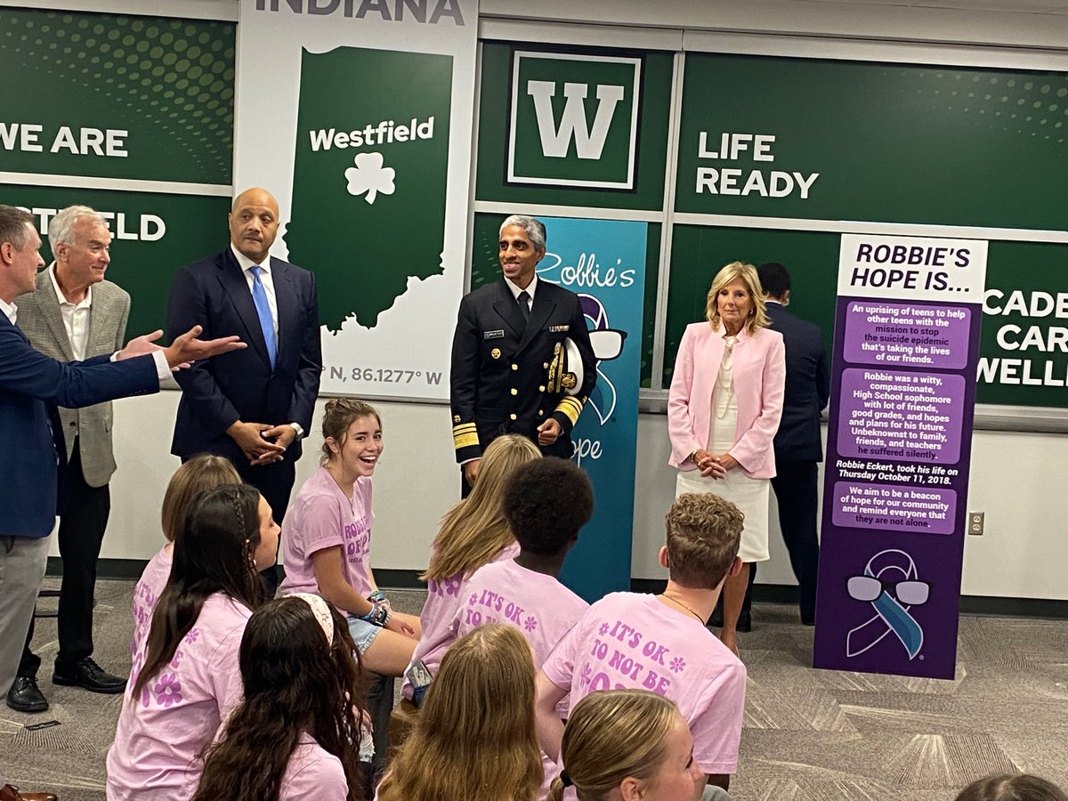 wrtv's tweet photo. First Lady Jill Biden is in Indiana today, meeting with students and others at Westfield High School to highlight the importance of mental health resources for schools. https://t.co/m6jnDzSBG9