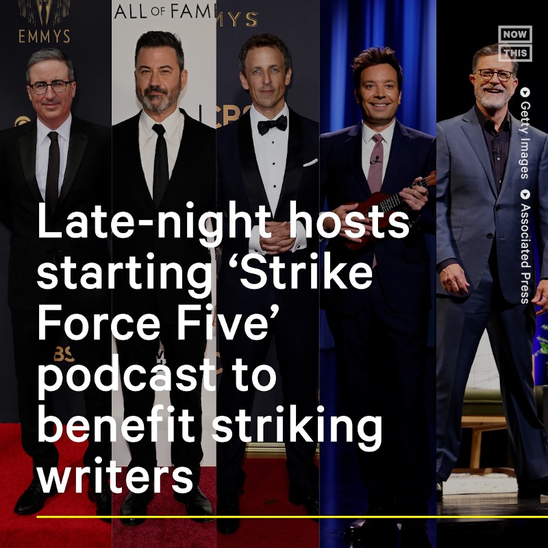 nowthisimpact's tweet photo. Stephen Colbert, Jimmy Fallon, Jimmy Kimmel, Seth Meyers, and John Oliver are joining forces to launch a new podcast, out today, with all proceeds going directly to the out-of-work staff of each host's respective show, per Entertainment Weekly