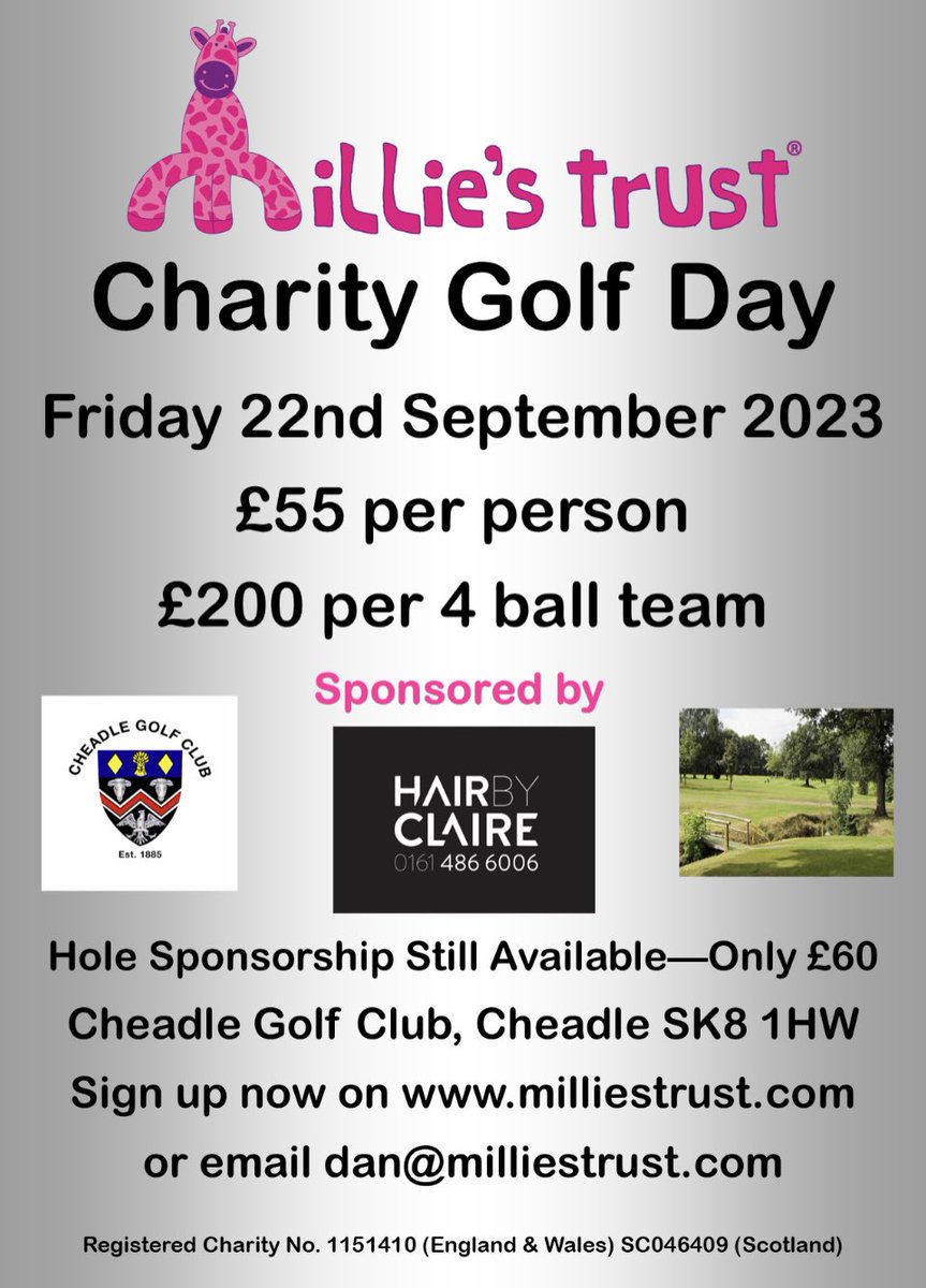 Milliestrust (@milliestrust) on Twitter photo Still time to sign up for the <a href="/Milliestrust/">Milliestrust</a> charity golf day on Friday 22nd September 2023 at <a href="/CheadleGolf/">Cheadle Golf Club</a> sponsored by Hair by Claire in Cheadle Hulme
Sign up here, milliestrust.com/gift-shop/evenā¦
Promote you business by sponsoring a hole too, just Ā£60. Details below ā¬ļø Still time to sign up for the <a href="/Milliestrust/">Milliestrust</a> charity golf day on Friday 22nd September 2023 at <a href="/CheadleGolf/">Cheadle Golf Club</a> sponsored by Hair by Claire in Cheadle Hulme
Sign up here, milliestrust.com/gift-shop/evenā¦
Promote you business by sponsoring a hole too, just Ā£60. Details below ā¬ļø