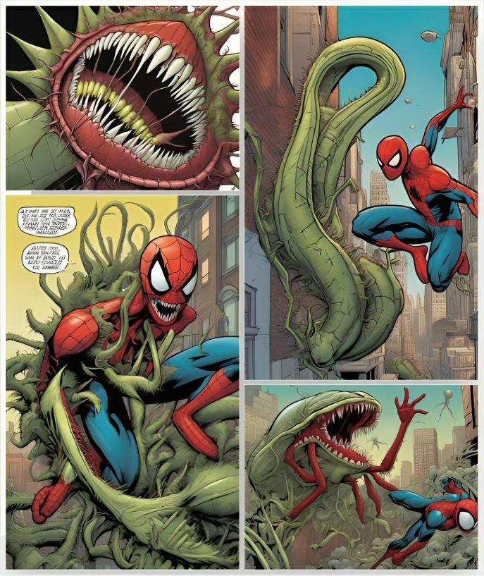 CarniClub's tweet photo. Did you know you can generate comics with AI? I just  create a comic about a Venus fly trap fighting Spiderman. This is crazy!!#AI #comics #creativity #technology https://t.co/mxXGIvAA3S
