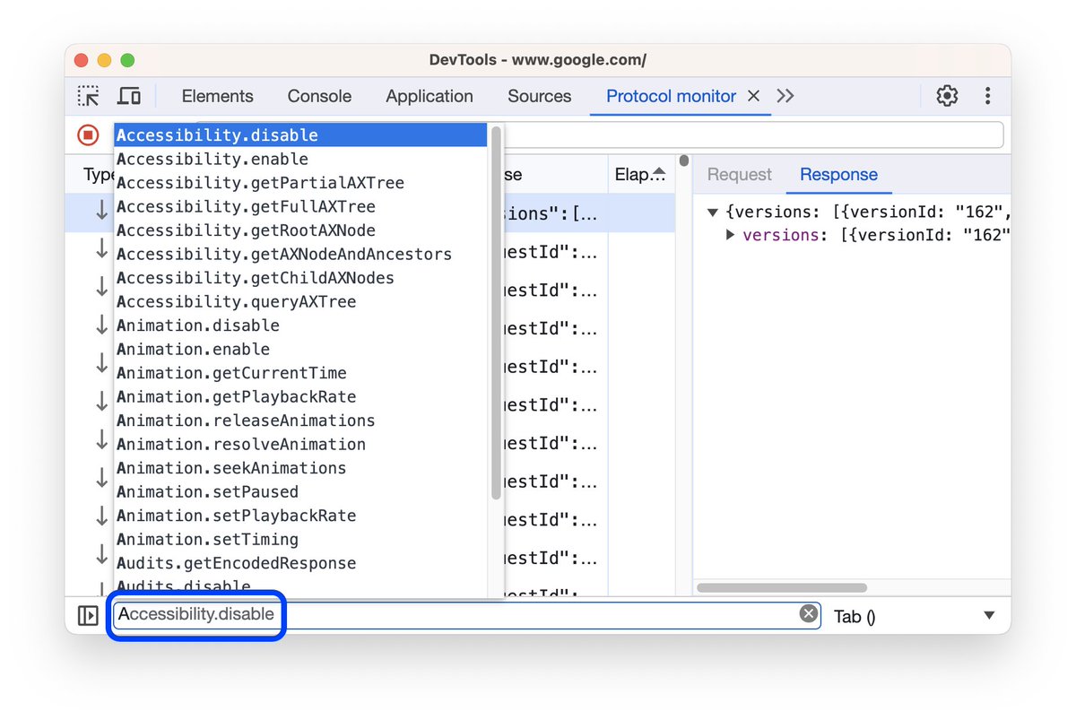 ChromeDevTools's tweet image. A niche panel in #ChromeDevTools - The Protocol Monitor got an upgrade! What&apos;s New:

🤖 Auto-complete suggestions
📝 Command editor
💌 edit &amp;amp; resend

...and more!  👉🏽  developer.chrome.com/blog/cdp-comma…