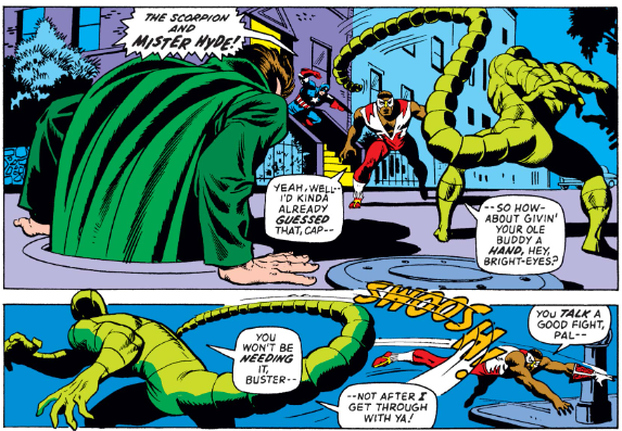 MarvelADay's tweet photo. #MarvelADay #Cap151 The Scorpion and Mister Hyde have decided to get back at SHIELD by attacking Sharon Carter. Thankfully, Captain America and the Falcon have decided to stop by and check on her at precisely the same time. - JRW https://t.co/MIeYcA6zKP