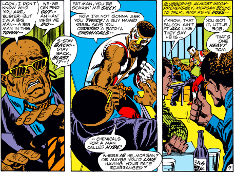 MarvelADay's tweet photo. #MarvelADay #Cap152 We have a First Appearance Alert! Falcon leans hard on Boss Morgan and gets the location of the warehouse where the chemicals were being delivered. Couldn't he have just asked the drivers? Ah well. - VA https://t.co/9jmscUYled