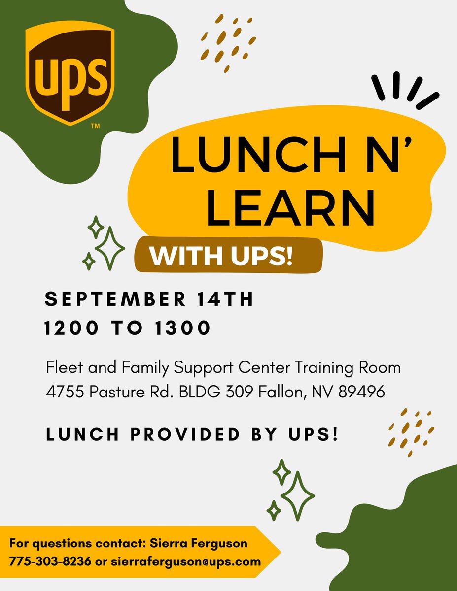 We are excited to be partnering with @fallon_nas for a lunch and learn. This event is available to fleet and family. Please reach out to me if you are interested in attending or want to learn more about UPS. @PhilipCote_UPS @UPS @UPSjobs @UPSers