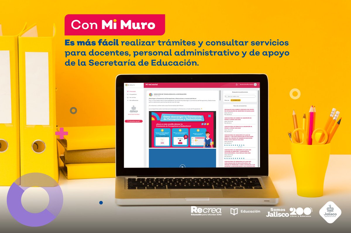 JCFloresMiramon's tweet photo. Agilicen sus gestiones y aprovechen al máximo los recursos que ofrece "Mi Muro" una plataforma en la que las y los trabajadores de la @SecEducacionJal, podrán realizar más de 100 trámites, como solicitar constancias o inscribirse en cursos.
Ingresen a: https://t.co/xeDjd0vUAS https://t.co/VOrPK82fgj