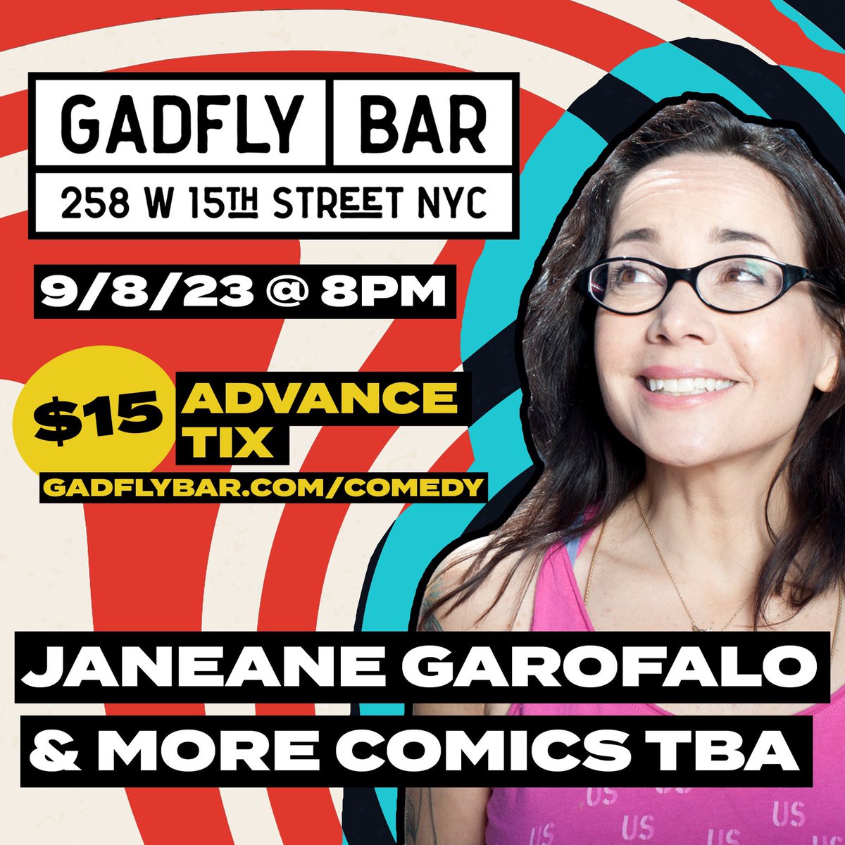 gadflybar's tweet photo. Janeane Garofalo live standup comedy at Gadfly Bar on Fri, 9/8. More comics to be announced soon! Get $15 advance tickets at https://t.co/J8lE7kNGFt or $20 tixx at the door ✌️
@janeanegarafalo #nyccomedy #nycstandup #localbarsnyc https://t.co/0URl2eRdNq