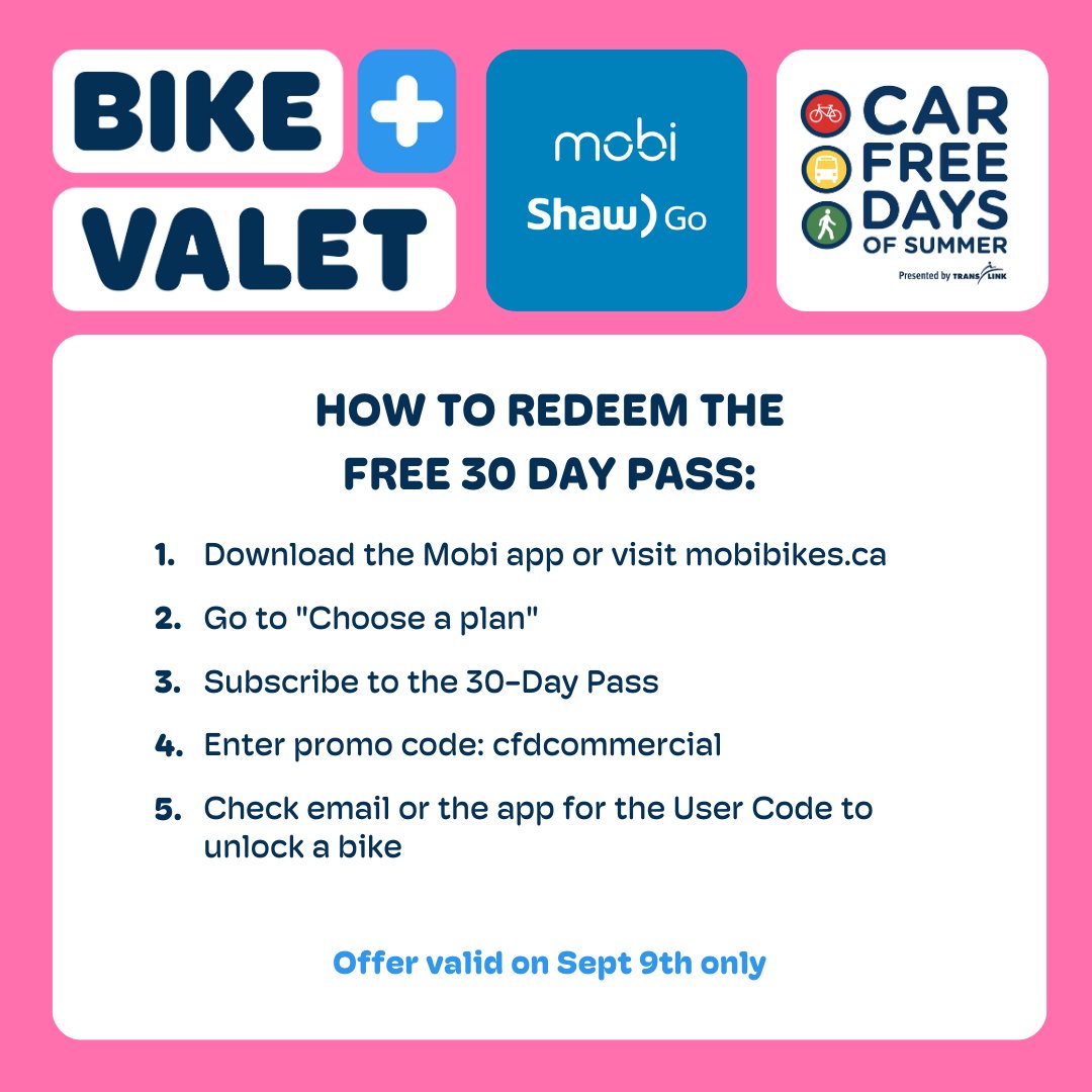 TheBicycleValet's tweet photo. After all the love we got from the Free 30 Day Passes during Pride, our partners @mobi_bikes  are bringing it back for Car Free Day on Commercial Drive. 🚴‍♀️

Already have your own bike? Ride down to the event and our free bike valet service can take care of the rest!
#carfreeyvr https://t.co/uwpAN1PK2I