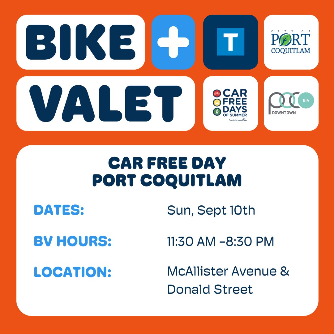 Car Free Day is making its debut in <a href="/downtownpoco/">Port Coquitlam BIA</a>! 
You can expect games, electric vehicle displays &amp; local food vendors that will inspire you to get moving for a good time. Explore active transportation there with the support of our Bike Valet service! 🚲🛴🛼

#carfreeyvr