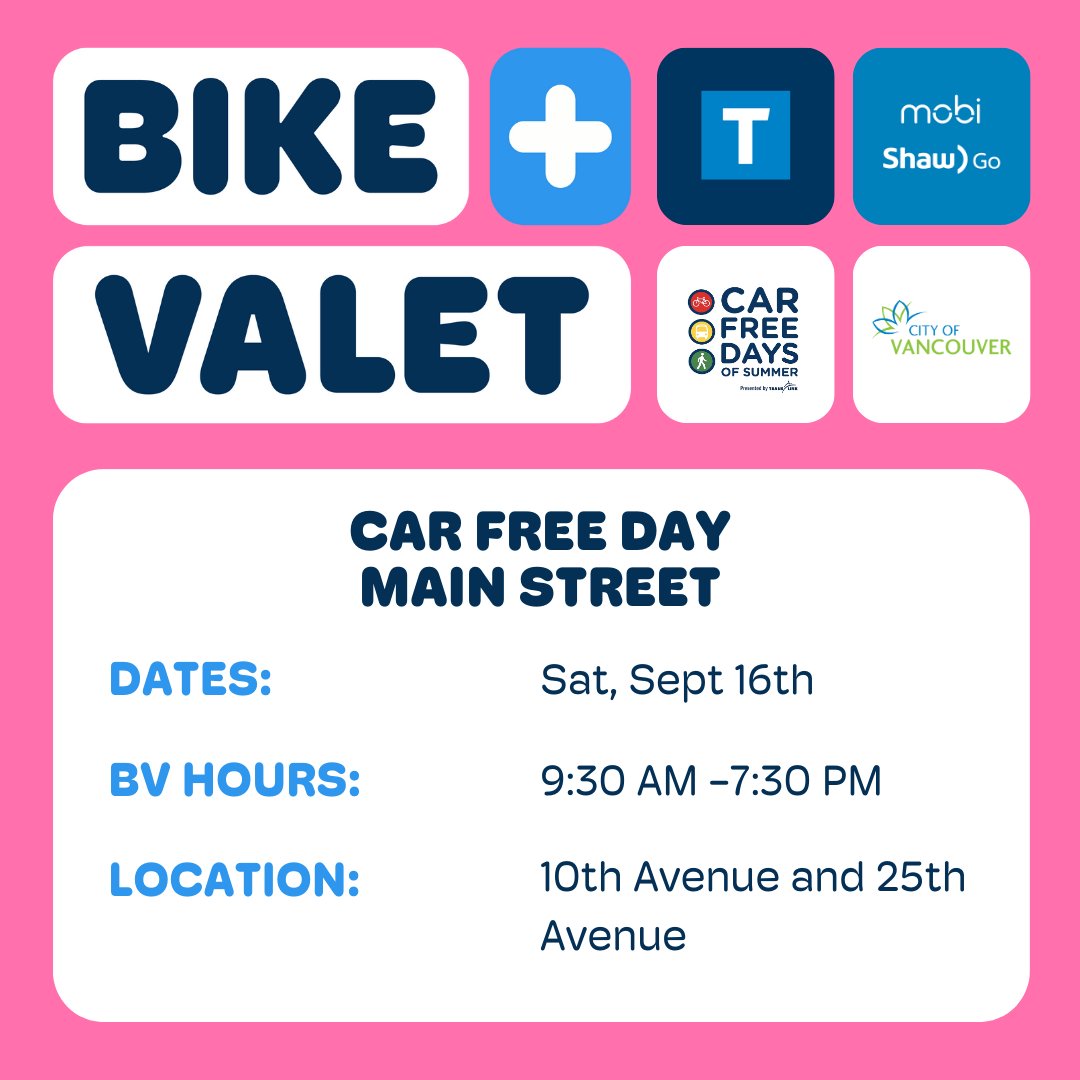 ☀️ Embrace a day of car-free fun on Main Street this Saturday. We’ve got vendors, artisans, music, and more!

🚴‍♀️Our Bike Valet service runs from 9:30 AM to 7:30 PM. No bike? No problem! Our partners <a href="/mobi_bikes/">Mobi by Rogers</a> are offering Free 30 Day Passes to support Car Free Day.
#carfreeyvr