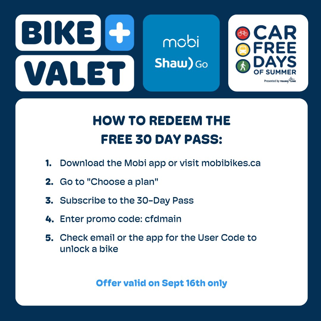 TheBicycleValet's tweet photo. ☀️ Embrace a day of car-free fun on Main Street this Saturday. We’ve got vendors, artisans, music, and more!

🚴‍♀️Our Bike Valet service runs from 9:30 AM to 7:30 PM. No bike? No problem! Our partners @mobi_bikes are offering Free 30 Day Passes to support Car Free Day.
#carfreeyvr https://t.co/yvrOKuLsd9